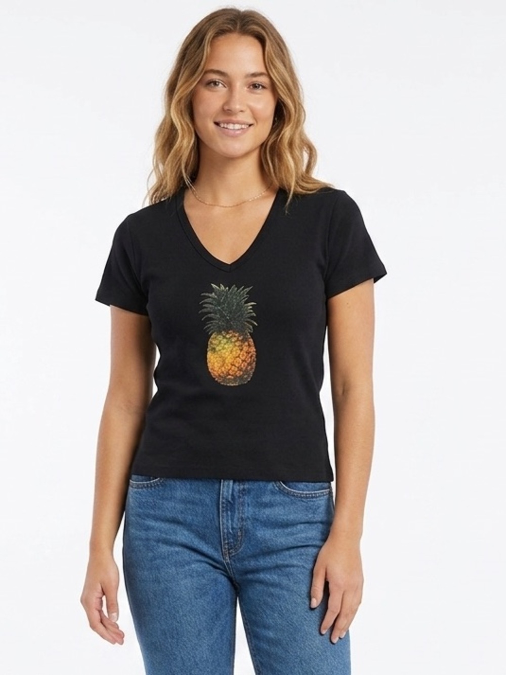Acme Black V-Neck Pineapple Graphic Tee - Women Large